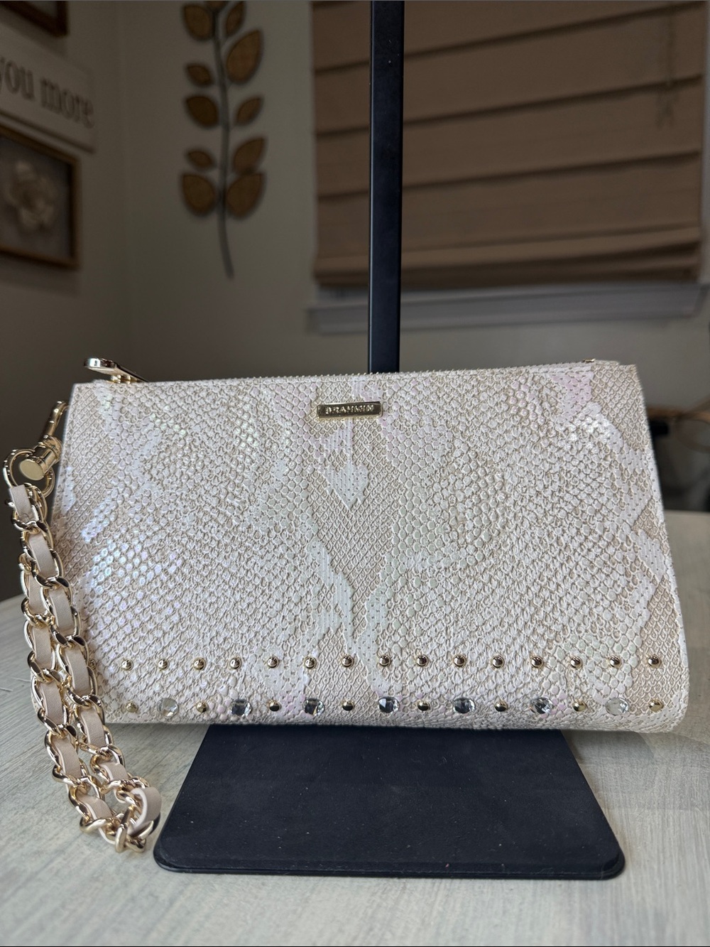 Stylish Ivory Grandeur Snake-Embossed Chain Studded/Rhinestone Wristlet